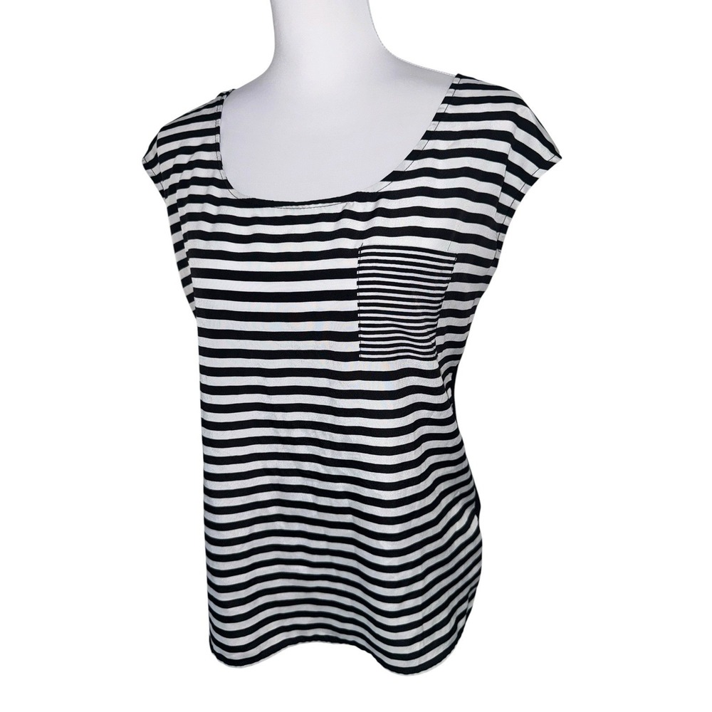 Studio‎ Y Striped Blouse Medium Black White Cap Sleeve Pocket Keyhole Back Y2K